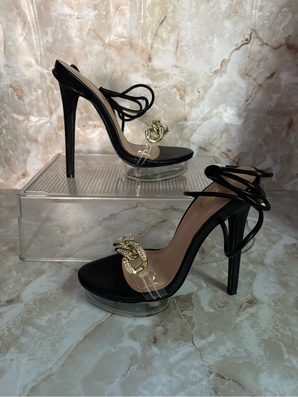 Black High-Stiletto Platform Sandals with Gold Chain Accent